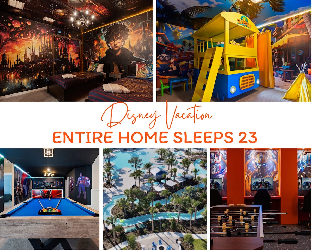 An inviting game room showcases a billiards table, vibrant artwork, and a relaxed seating area. Nearby, a colorful children's play area features a unique bus-shaped structure and tent, surrounded by themed decor. A resort pool area is visible in the background, highlighting a lazy river.