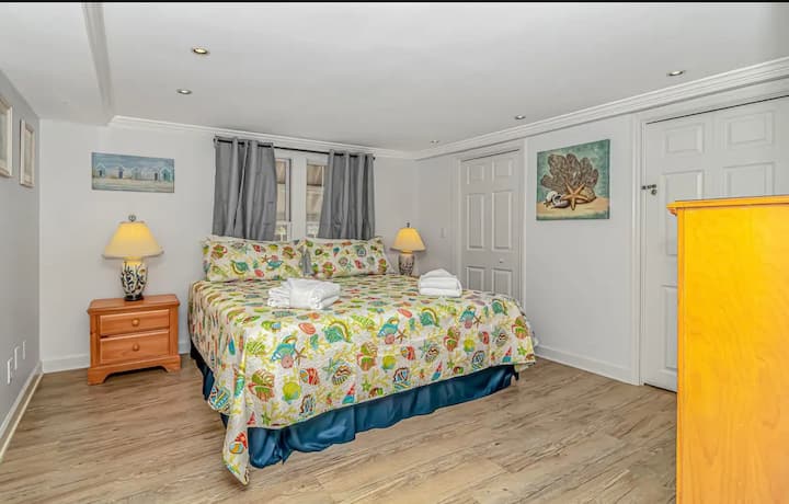 Suita kryesore me krevat dopio "King", televizor Smart Roku, dollap me rrota dhe banjë ngjitur!