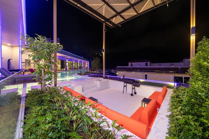 Rooftop lounge at night