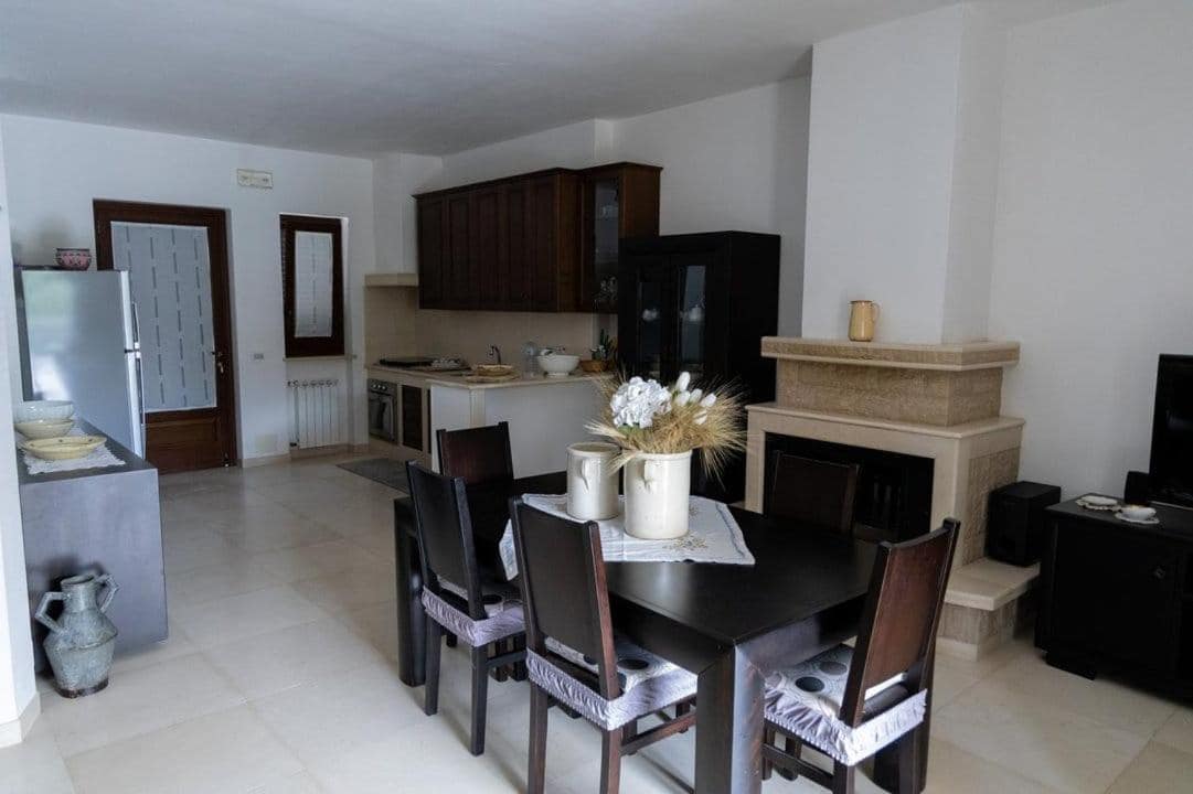 An open-concept living space is featured, showcasing a dining area with a dark wooden table and chairs. A modern kitchen with dark cabinetry and a neutral-toned countertop is visible in the background. A stone fireplace adds a functional accent to the room.