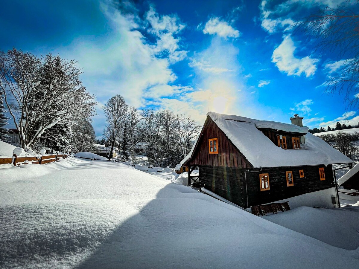 A traditional wooden cabin is positioned amidst a snow-covered landscape, surrounded by trees. The sunlight shines through a partly cloudy sky, casting a glow on the cabin's warm orange windows. Snow blankets the ground, creating a serene winter scene.