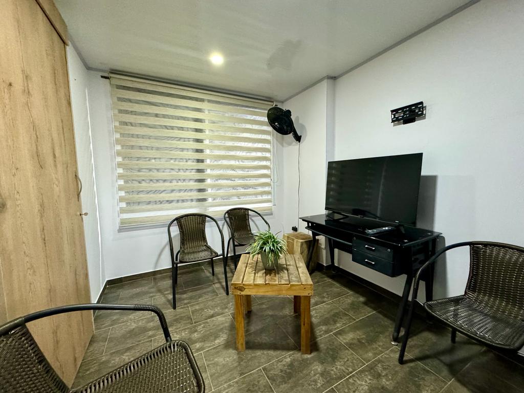 A small seating area is arranged with four wicker chairs surrounding a wooden coffee table. A television is mounted on the wall, and a potted plant adds a touch of greenery. Large, covered windows allow natural light into the space.
