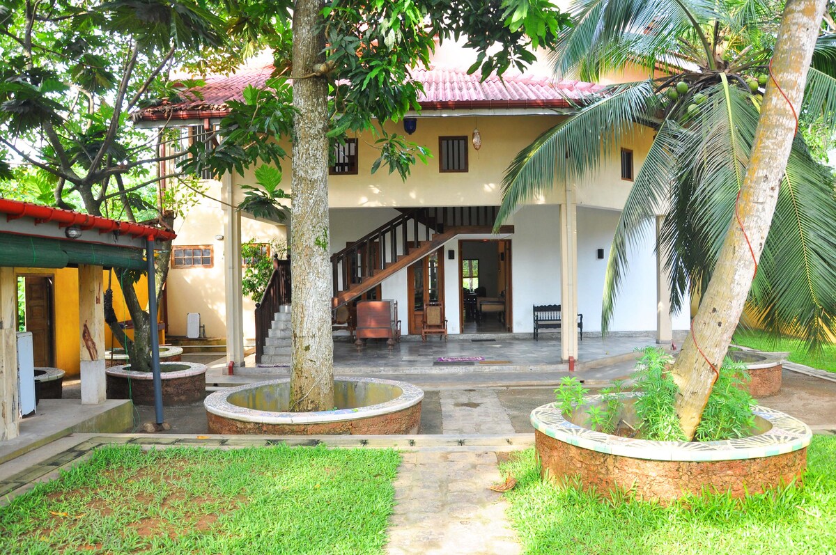 A landscaped outdoor area is featured, with a spacious patio set under the shade of palm trees. The entrance to the building is visible, showcasing a staircase leading to the upper level. Circular stone features are surrounded by lush greenery, creating a natural setting.