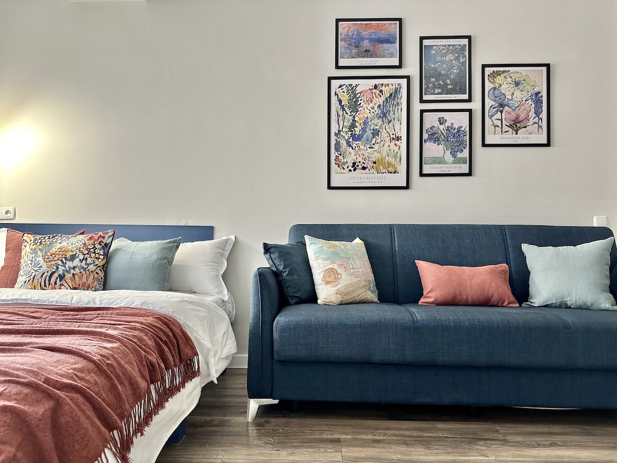 A cozy studio apartment features a spacious bed adorned with a soft throw and decorative pillows. A sleek blue couch is positioned adjacent, complemented by an array of colorful cushions. Decorative wall art enhances the backdrop, adding a touch of character to the space.