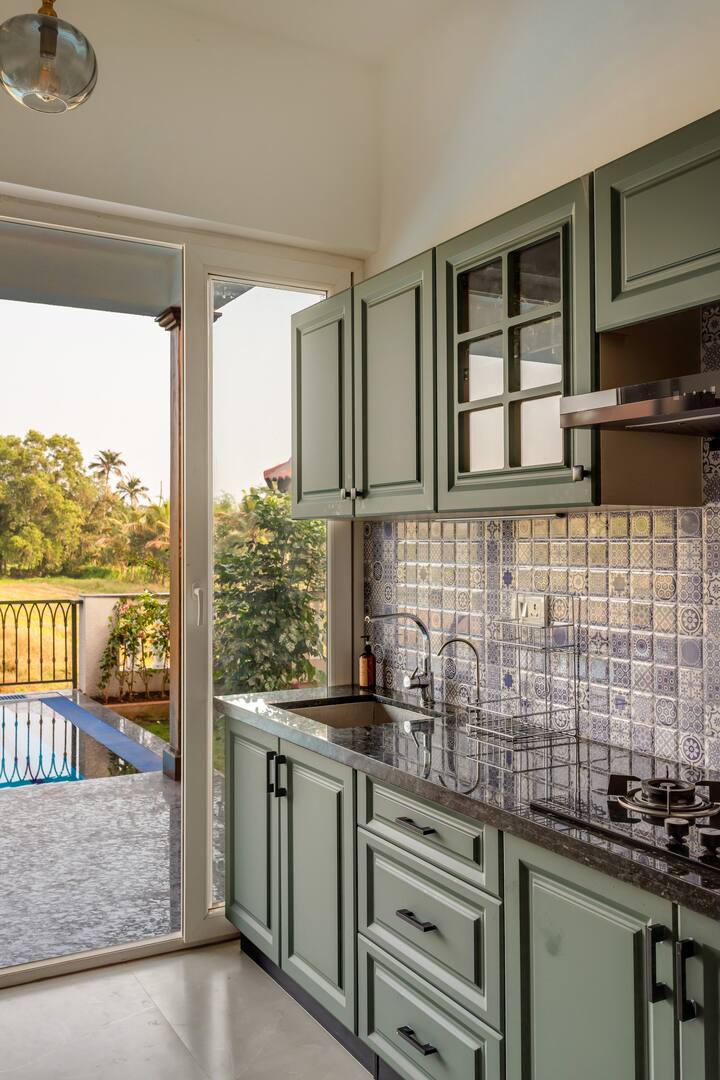 ✨A sunlit kitchen that opens to the poolside-where Goan tiles meet modern charm and every meal comes with a view✨