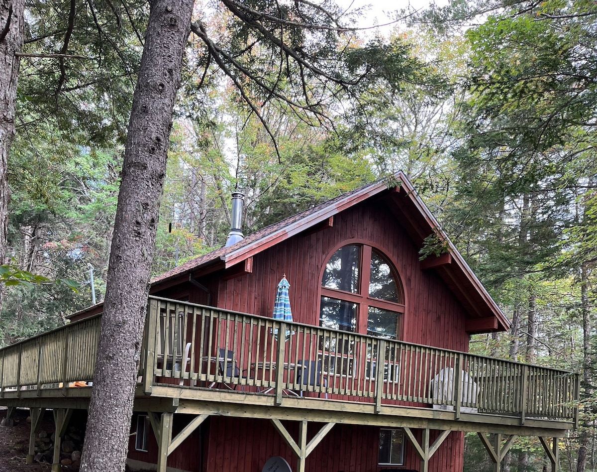 A charming red cabin is surrounded by mature trees, blending into the natural setting. A spacious wraparound deck offers seating options and features a large window that allows natural light to fill the interior. A chimney indicates a cozy fireplace inside.