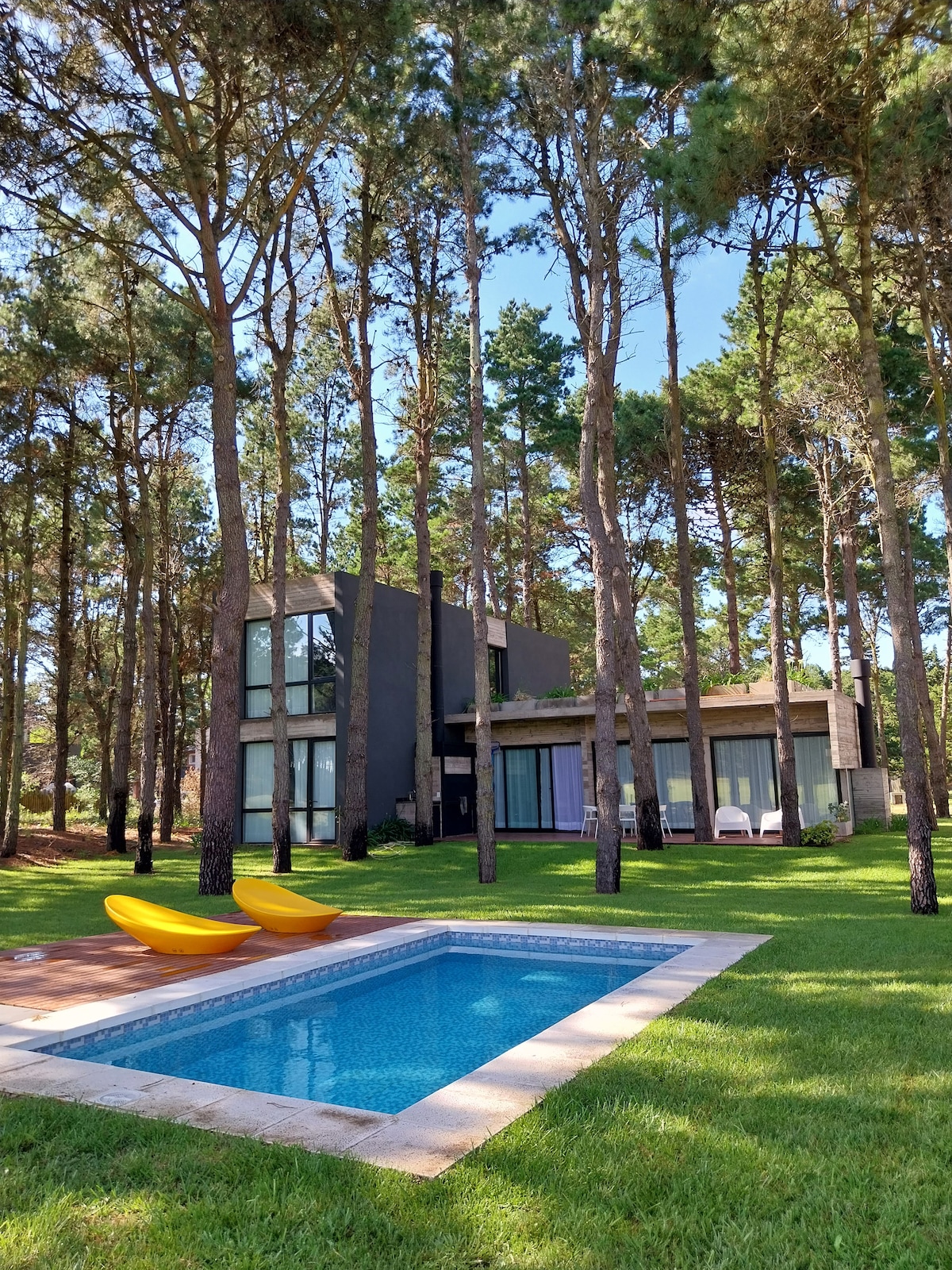 A modern two-story house is nestled among tall trees, featuring large windows that allow natural light. A small pool is situated on a stone patio in the foreground, accompanied by yellow lounge chairs. The green lawn surrounding the property enhances the serene outdoor setting.