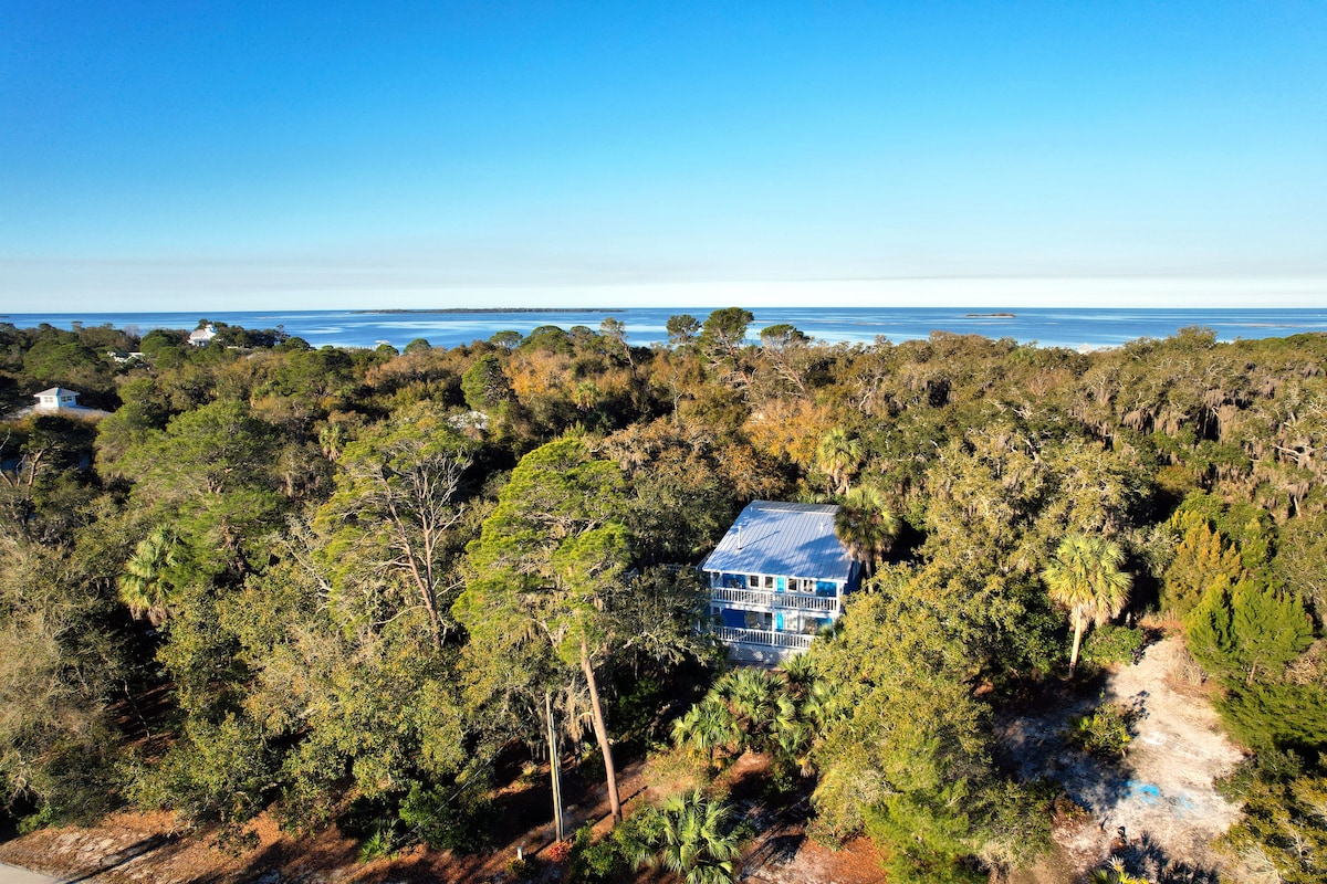 The image captures a serene aerial view of the Cedar Key Island Estate surrounded by lush greenery and trees. The distance reveals a glimpse of the water and the horizon, contributing to the tranquil setting of the property nestled in nature.