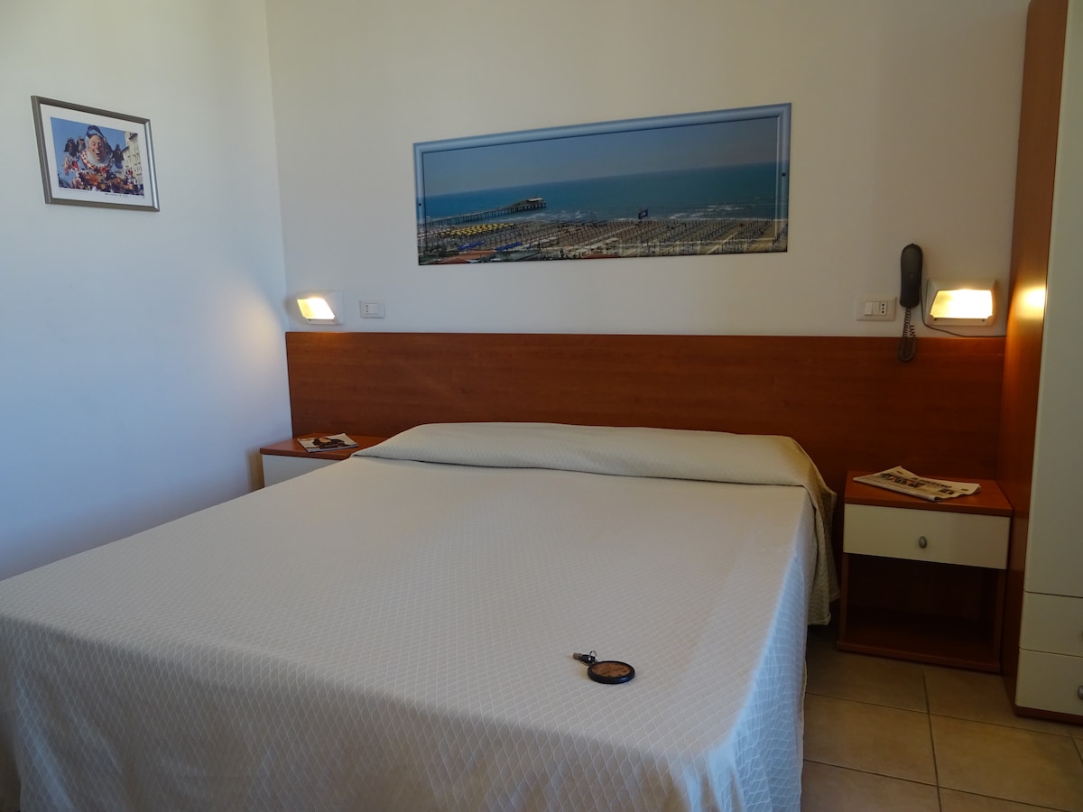 A spacious sleeping area features a large bed with a light-colored quilt. Wall-mounted bedside lamps provide soft illumination. A piece of framed artwork hangs above the bed, displaying a seaside view. A nightstand on each side supports small decor items.