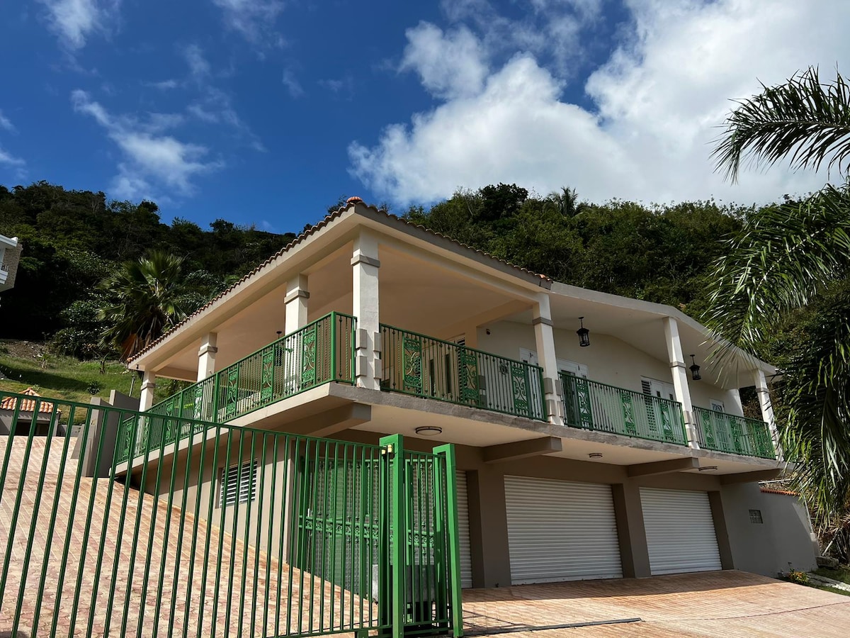 A two-story coastal home is showcased, featuring a wrap-around balcony with green railings. The building is supported by pillars and includes a garage below. Lush hillside greenery is visible in the background under a bright blue sky with scattered clouds.
