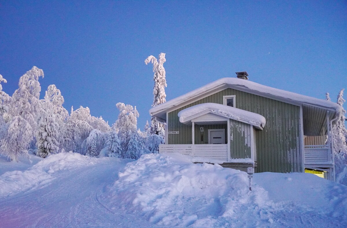 A traditional Finnish holiday apartment is surrounded by a winter landscape, featuring snow-covered trees and a gently sloping path. The green exterior of the building contrasts with the white snow, while soft evening light casts a serene glow on the scene.