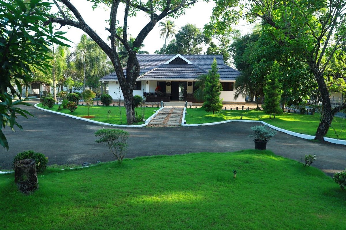 A spacious exterior view of the property features a well-manicured lawn surrounded by lush greenery and tall trees. The main entrance is framed by a pathway accented with light-colored stones, leading to the welcoming facade of the villa.