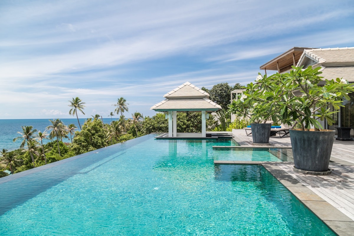 A serene infinity pool extends towards the horizon, blending seamlessly with the ocean vista. A shaded gazebo is positioned beside the pool, surrounded by lush greenery and large potted plants. The clear sky reflects a beautiful blue hue, enhancing the tranquil setting.