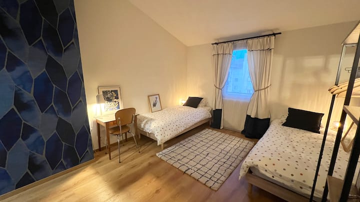 Chambre 2 avec 2 lits simples 90 cm avec sa salle d'eau (douche + lavabo) attenante