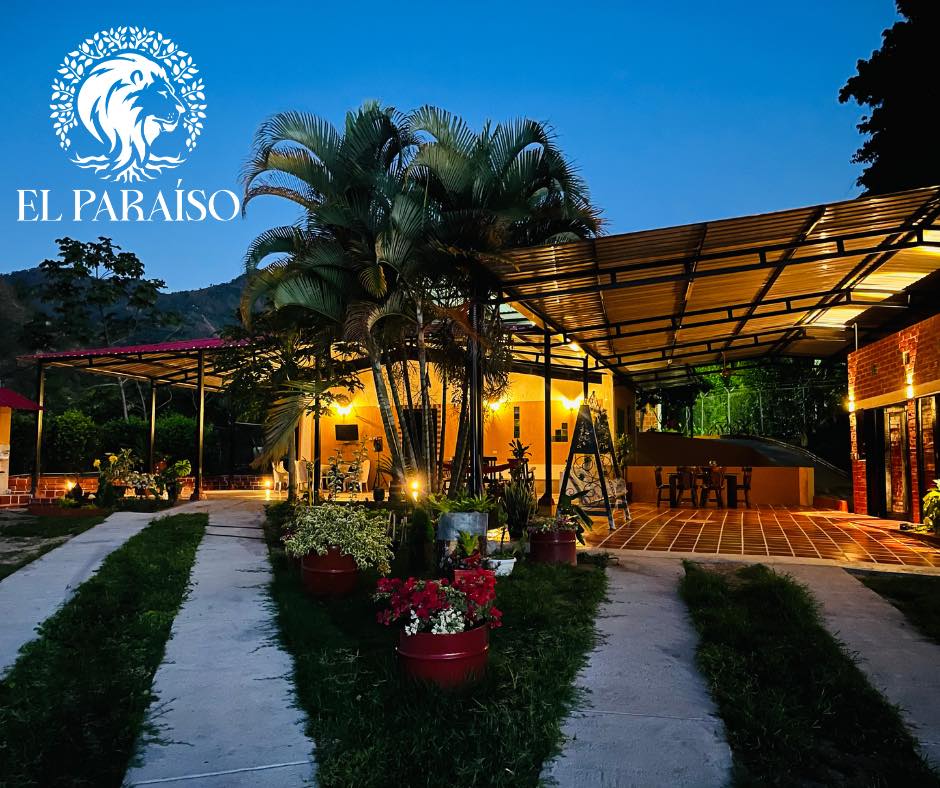 A welcoming outdoor area is illuminated at twilight, highlighting the warm lights of the house. Lush palm trees and vibrant flower pots line the path, leading towards the entrance, where a spacious terrace and a gathering space are visible.
