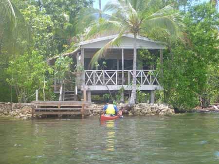 A charming elevated structure is surrounded by lush greenery and palm trees, providing a serene waterfront view. A small wooden dock extends into the water, with a person in a kayak leisurely paddling nearby.