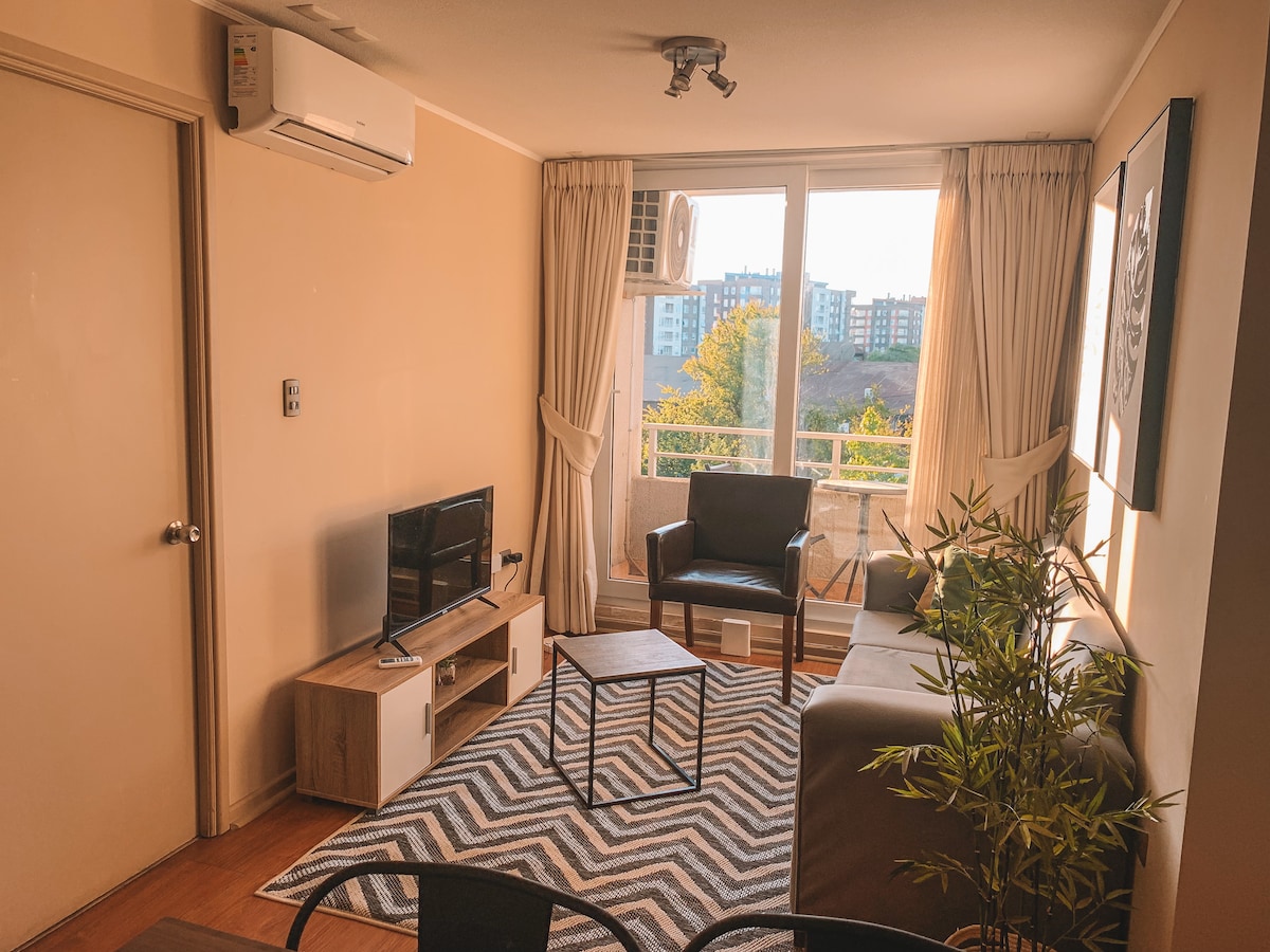 A bright living area features large windows, allowing natural light to fill the space. A comfortable sofa and armchair provide seating, while a small coffee table sits atop a patterned rug. An air conditioning unit is mounted above, and greenery offers a touch of nature.