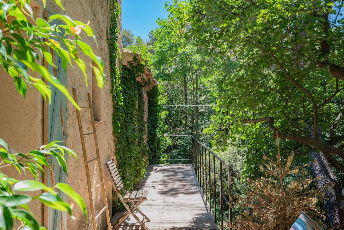 A wooden terrace is surrounded by lush greenery, with a single folding chair positioned for outdoor relaxation. Natural light filters through the leaves, creating a serene atmosphere. The façade of the building is partially covered with climbing plants, enhancing the connection to nature.