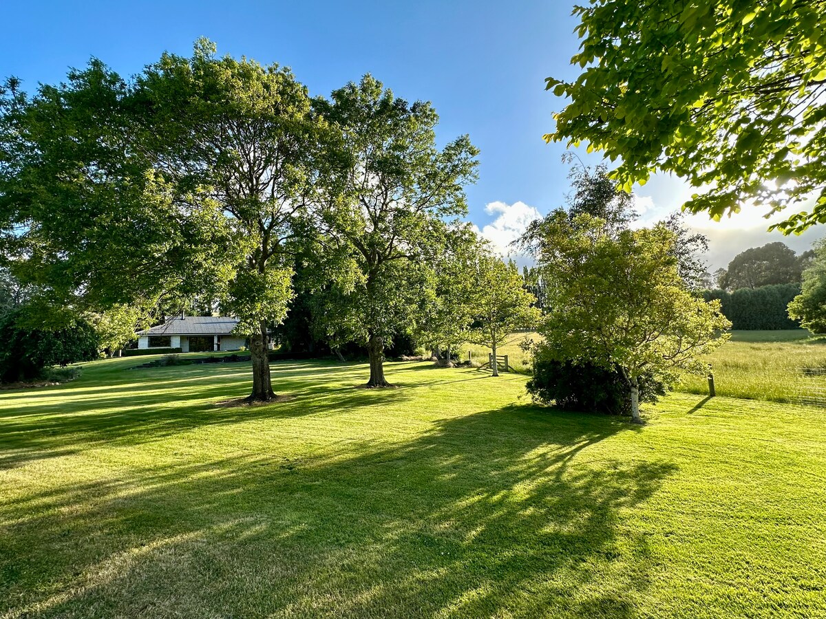 A spacious front lawn is surrounded by mature trees, casting gentle shadows on the lush grass. The sky is clear with soft clouds, and the overall scene conveys a sense of tranquility and openness typical of rural landscapes.