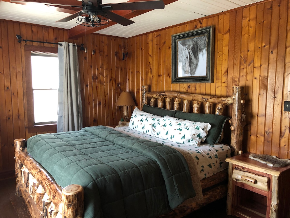 חדר שינה ראשי עם וילונות האפלה, טלוויזיה ומאוורר