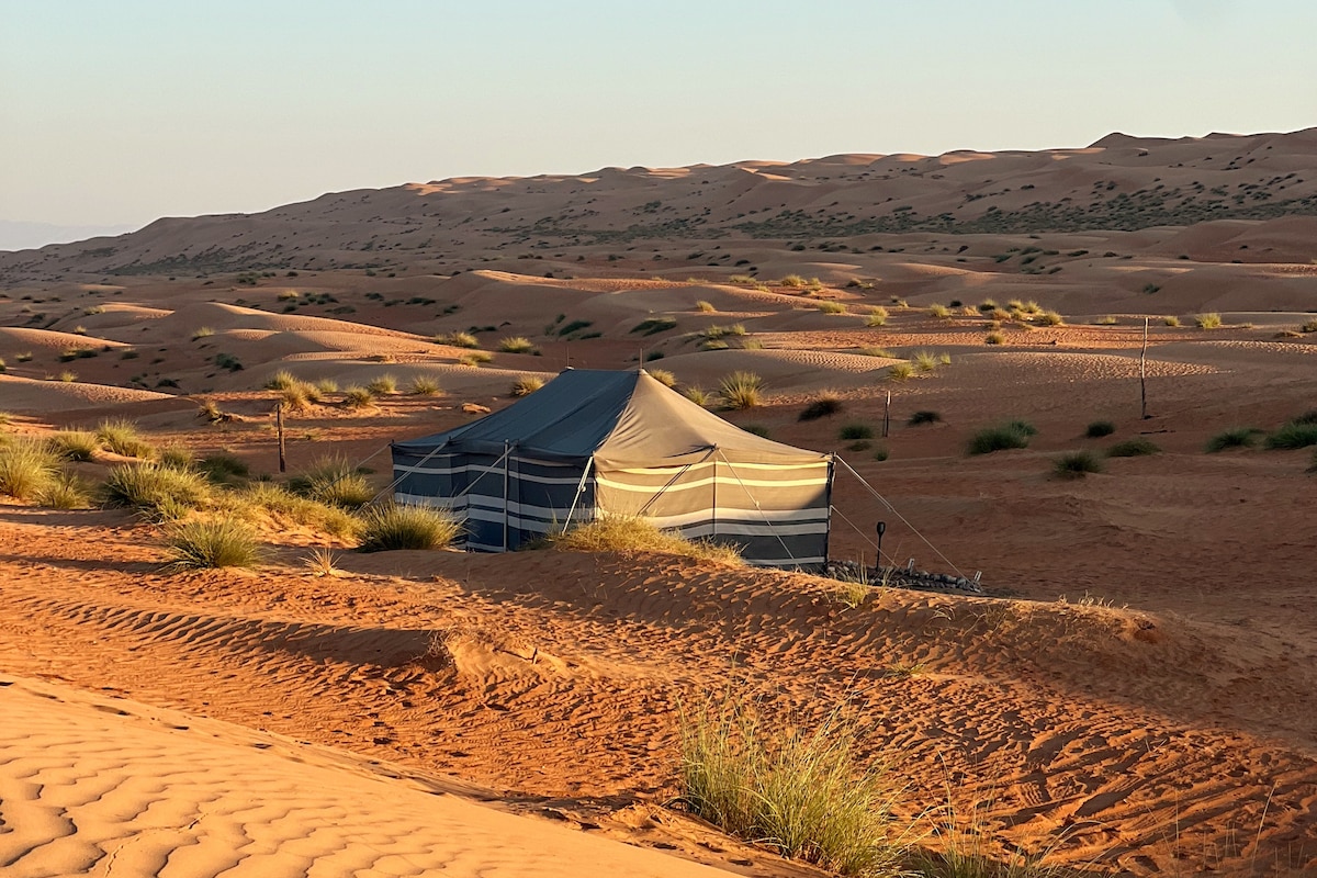 A private tent is situated amidst the undulating sand dunes of the desert, surrounded by sparse grasses. The fabric of the tent is light gray with darker stripes, blending subtly with the warm tones of the sandy landscape. Soft shadows stretch across the ground as sunlight illuminates the scene.
