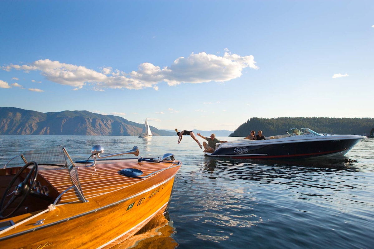 Two boats are seen floating on calm waters, with mountains in the background under a clear blue sky. One boat features a classic wooden design, while the other is a sleek motorboat. A person can be observed playfully reaching towards a dog in the water.