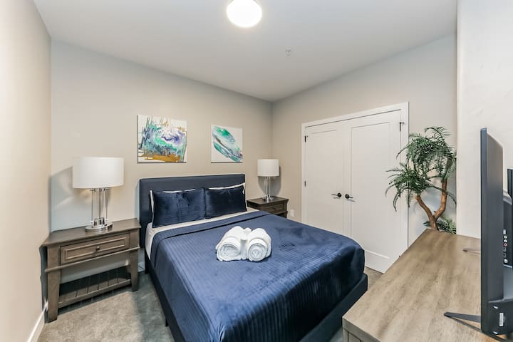 Cama tamaño queen, televisor inteligente de 55 pulgadas, vestidor