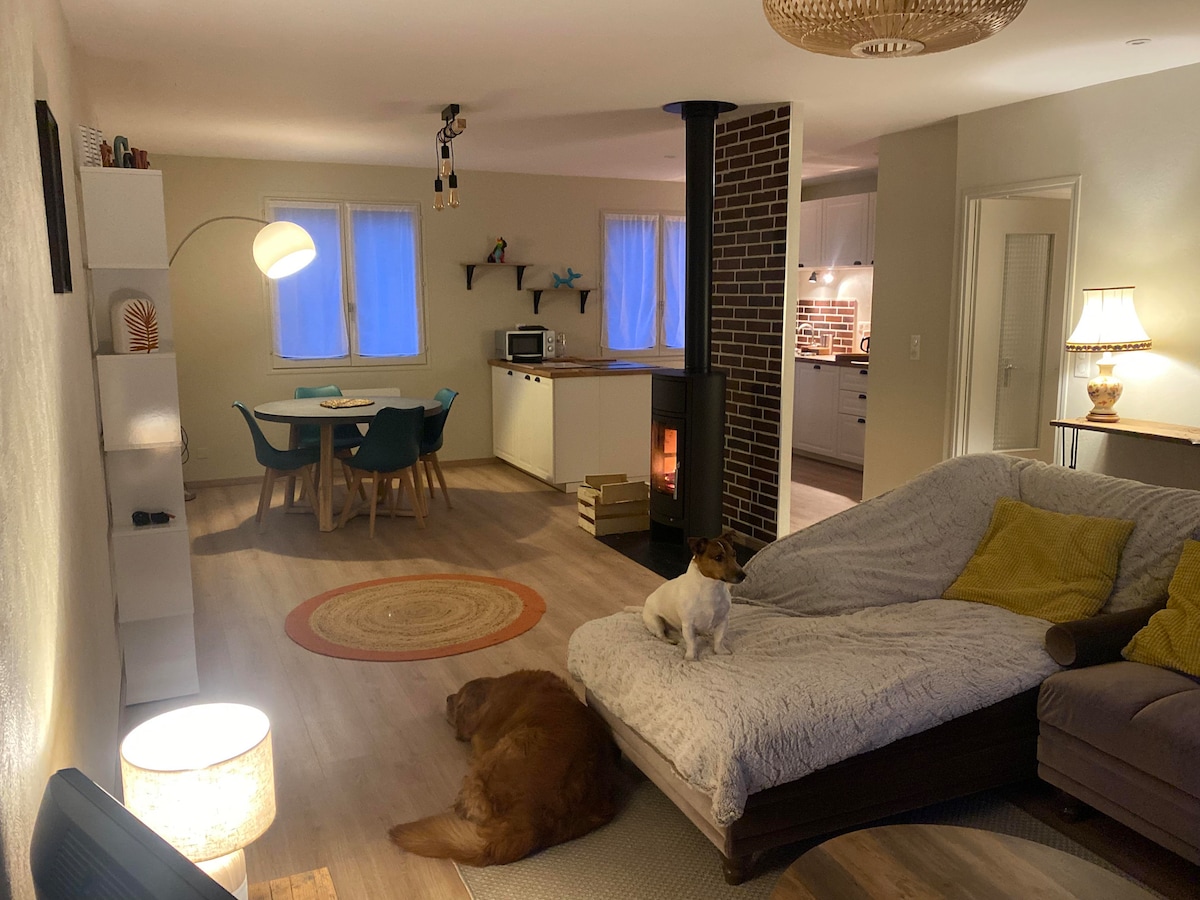 A welcoming living area features a large, comfortable sofa with cozy cushions, a round rug, and a serene fireplace. A dining table with chairs is positioned nearby, while a well-equipped kitchen is visible in the background. A small dog and a golden retriever are resting on the floor.