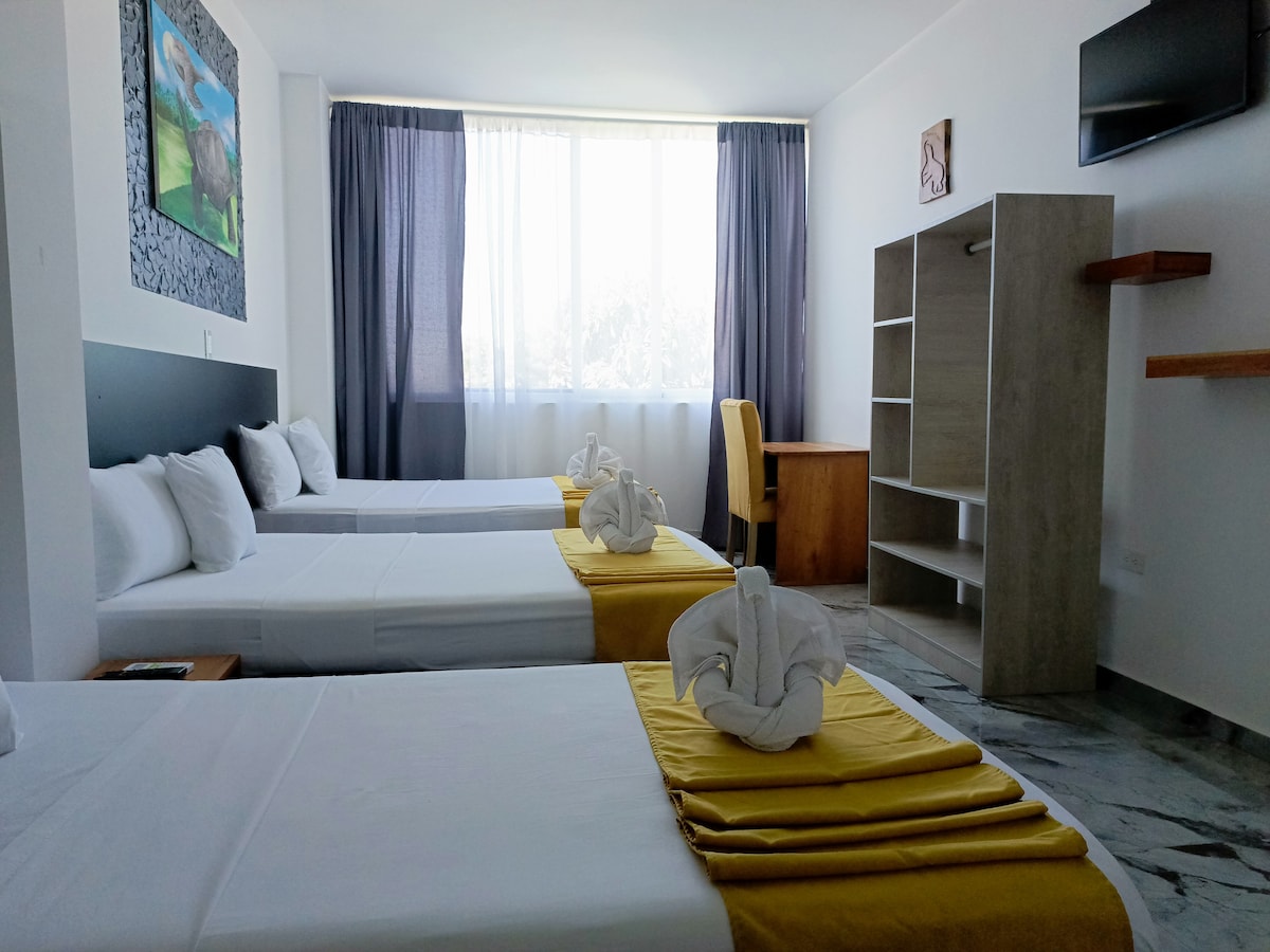 A bright guest room is furnished with three spacious beds, accented by yellow bed covers. A large window allows natural light to fill the space. A wooden desk and chair are positioned near the window, with a wall-mounted television above a simple storage unit.