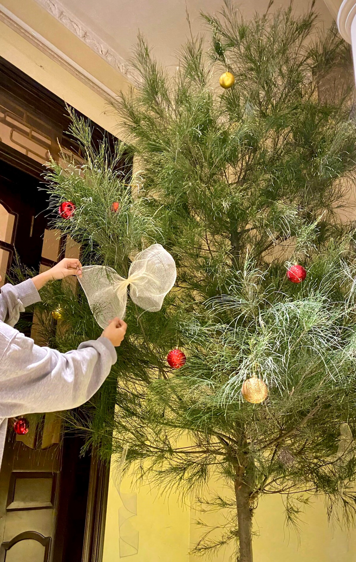 A festive tree is adorned with red and gold ornaments. A person is seen tying a silver bow on the tree, which is placed near a wooden door. The surrounding area features warm-toned walls that complement the decorations.