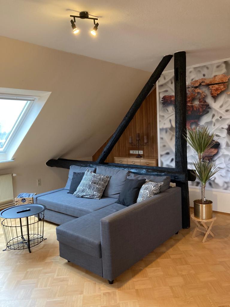 A cozy living area features a gray sofa adorned with decorative pillows. A small black side table sits alongside the sofa, while a potted plant adds a touch of greenery. The room is illuminated by a ceiling light, with a unique wall design and exposed wooden beams enhancing the space.