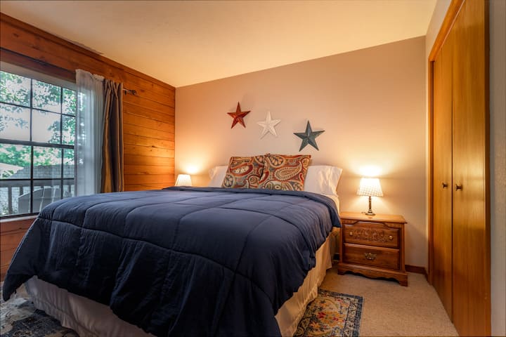 We get amazing reviews on this king mattress!!! Sleep comfortable here~ dresser, electric fireplace, and flat screen tv in master. You’ll also find a full closet here too! 