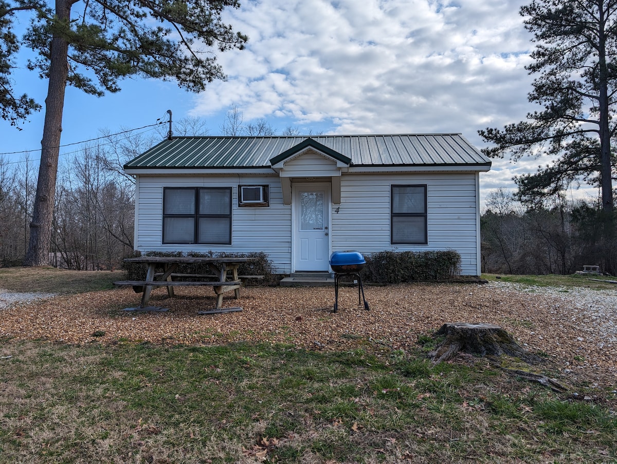 A single-story cabin features a metal roof and a welcoming front door. A picnic table is situated on a gravel area in front, accompanied by a charcoal grill. Green grass and a tree line provide a natural setting around the cabin, with a partly cloudy sky above.