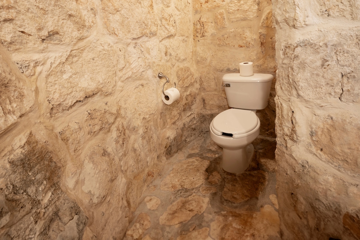 A compact bathroom area features a white toilet against rustic stone walls. The flooring consists of uneven stone tiles, enhancing the natural aesthetic. A toilet paper holder is mounted on the wall, complementing the simple yet functional design.