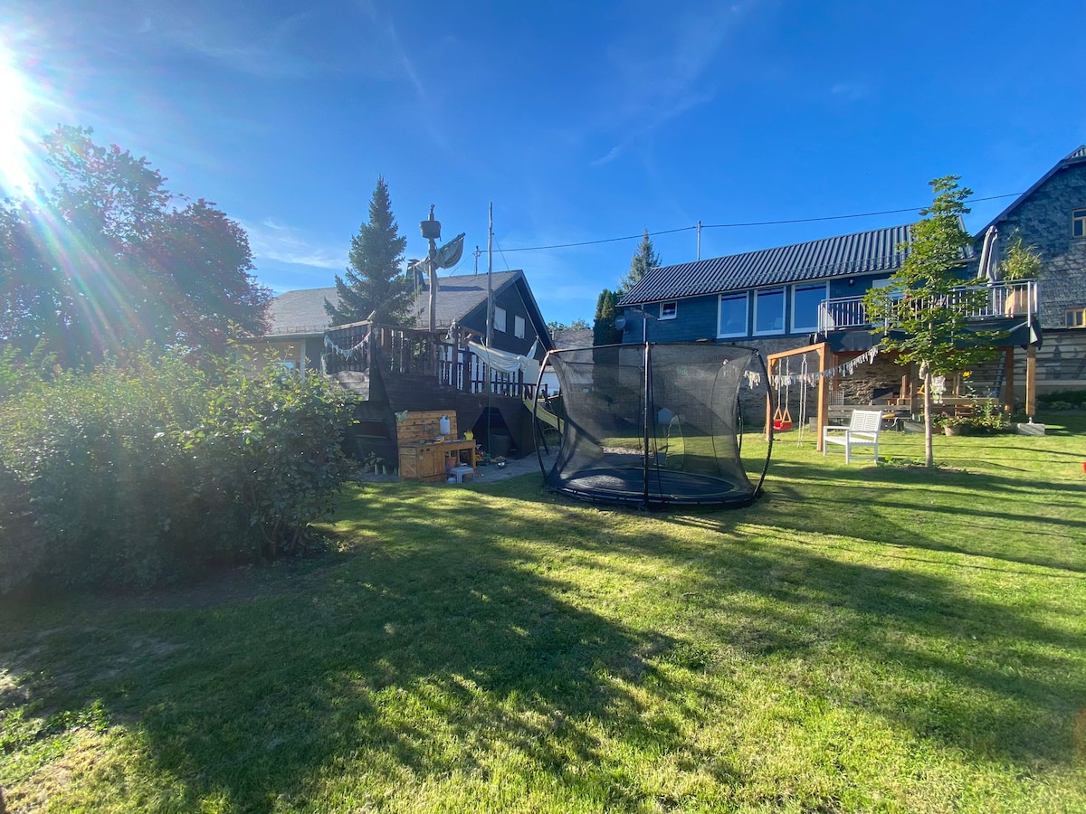A spacious outdoor area features a large garden with well-maintained grass and bushes. In the center, a trampoline enclosed by safety netting is visible. Nearby is a deck with outdoor seating, surrounded by a scenic backdrop of trees and a clear blue sky.