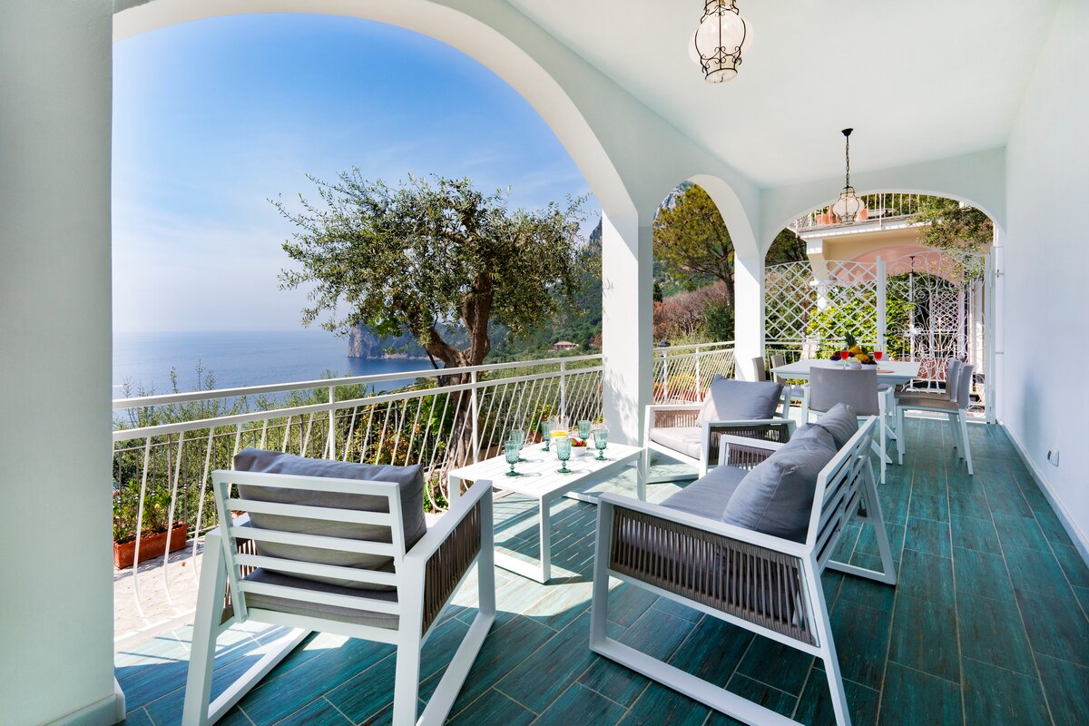 An outdoor terrace features a dining area with a table surrounded by modern chairs. Lush greenery is visible in planter boxes, while a clear view of the sea is framed by arched columns. Soft sunlight enhances the serene ambiance.