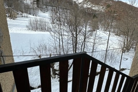 A balcony view reveals a snow-covered landscape, showcasing a serene ambiance created by bare trees and gentle slopes. The snowy ground reflects soft light, enhancing the tranquil setting. The railing adds a sense of enclosure to this outdoor space.