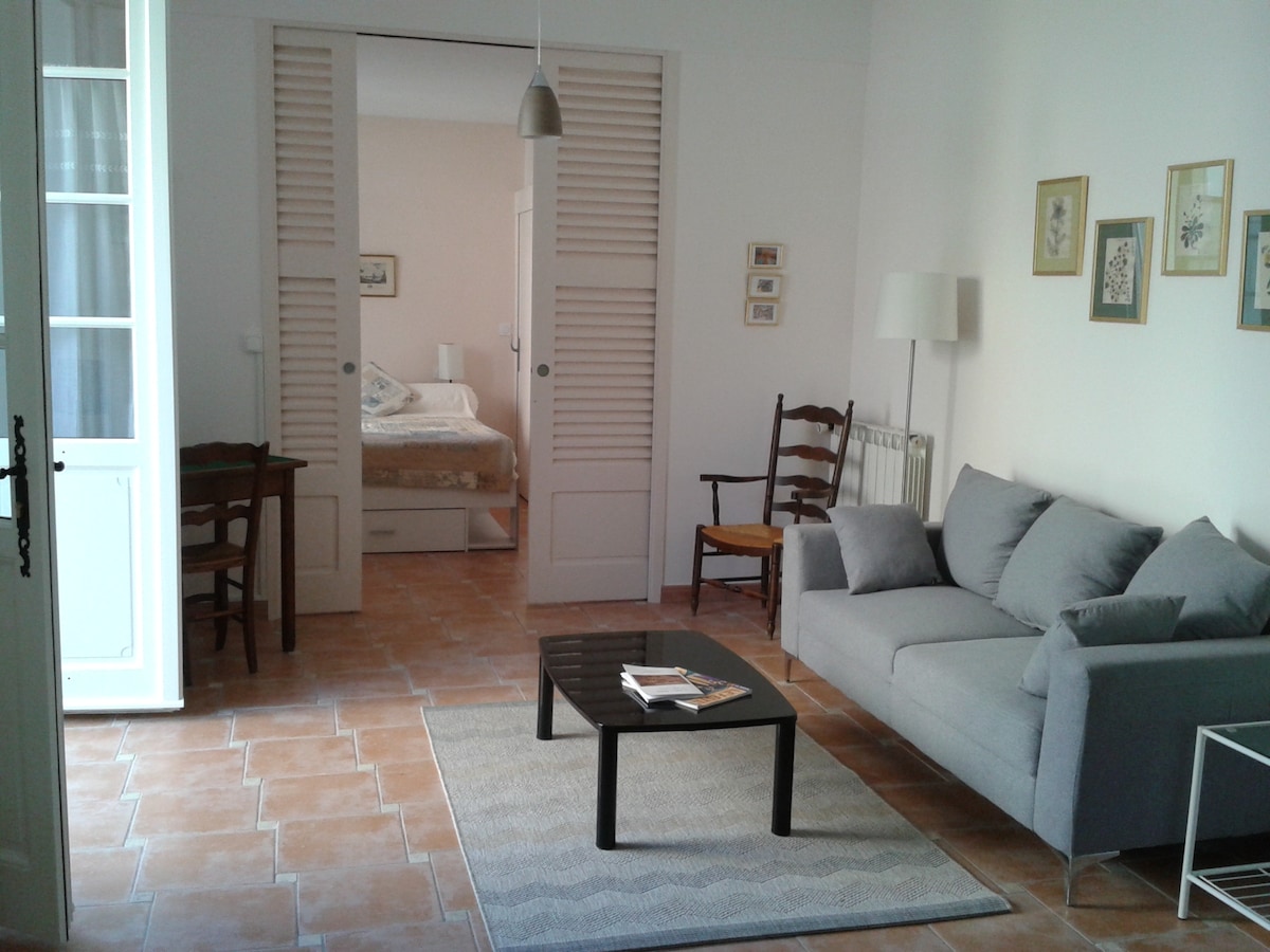 A bright living area features a modern gray sofa and a dark coffee table on a light area rug. A small dining table and chairs are visible, along with light-colored decor on the walls. The space opens to a bedroom through partially closed shutters.