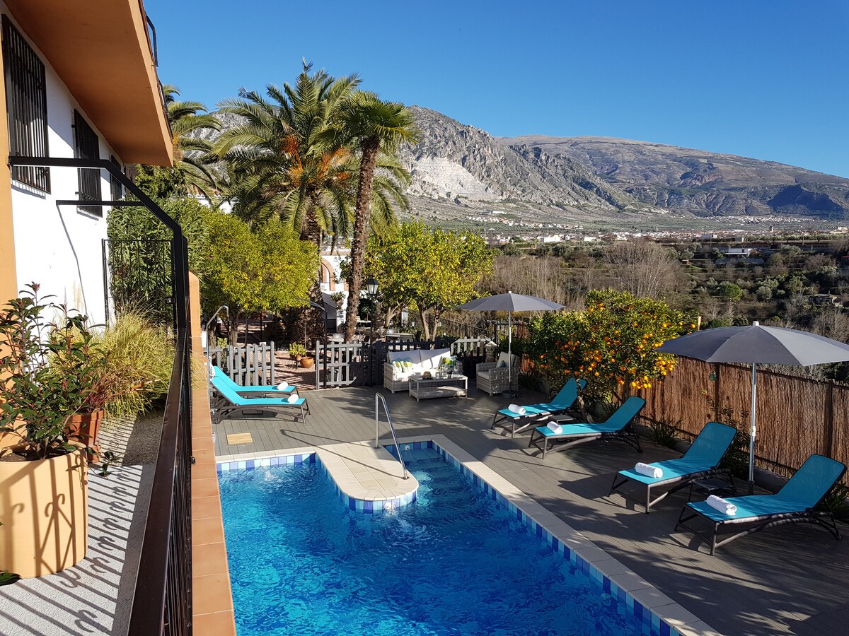 A swimming pool is surrounded by lounge chairs and umbrellas, providing a relaxing outdoor space. Lush palm trees and citrus trees add greenery to the area, while views of the mountains serve as a scenic backdrop.