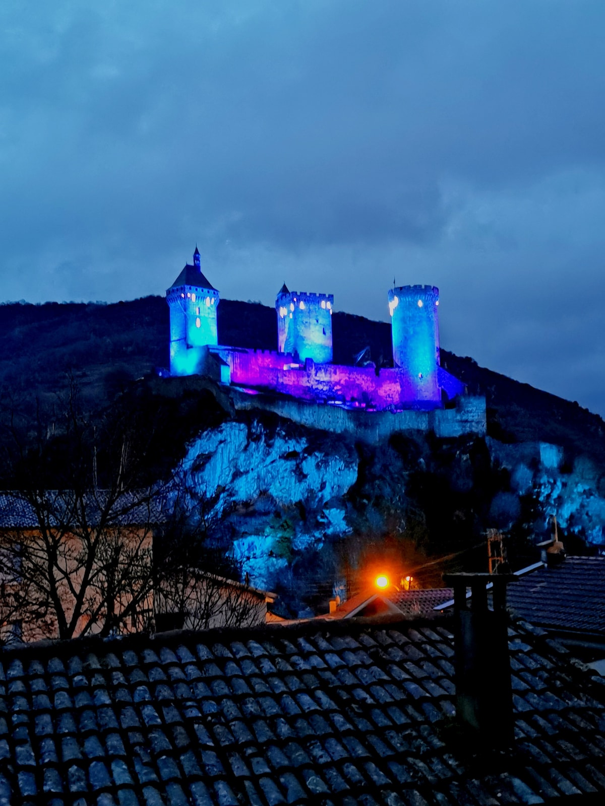 A historic castle sits atop a rocky hill, illuminated in shades of blue against a twilight sky. The castle's stone towers and walls are visible, contrasting with the dark outline of surrounding trees and rooftops. A warm orange glow is seen from nearby streetlights.