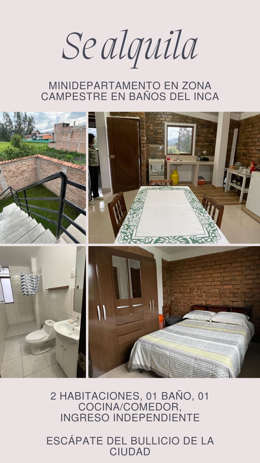 A cozy dining area features a wooden table, surrounded by several chairs. The kitchen is connected, showcasing tiled walls and cabinetry. A clean bathroom is visible with essential fixtures. A comfortable sleeping area contains a spacious bed neatly made, set against a simple backdrop.