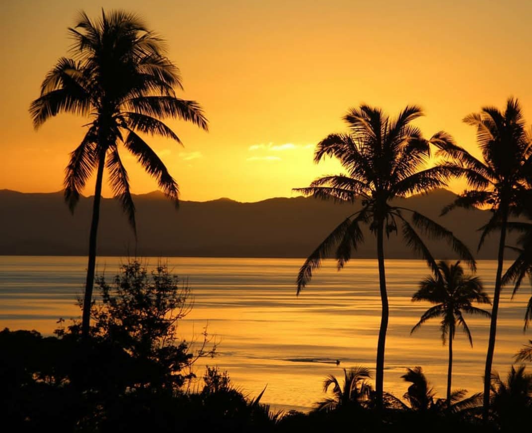 A serene sunset scene is captured, featuring silhouetted palm trees against a golden sky. The calm water reflects the warm hues, and distant mountains outline the horizon, creating a tranquil atmosphere for relaxation.