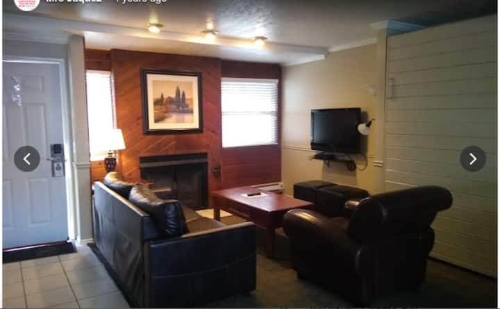 Svetainė ir židinys. Taip pat su karališko dydžio murphy ištraukiama lova dešinėje. 