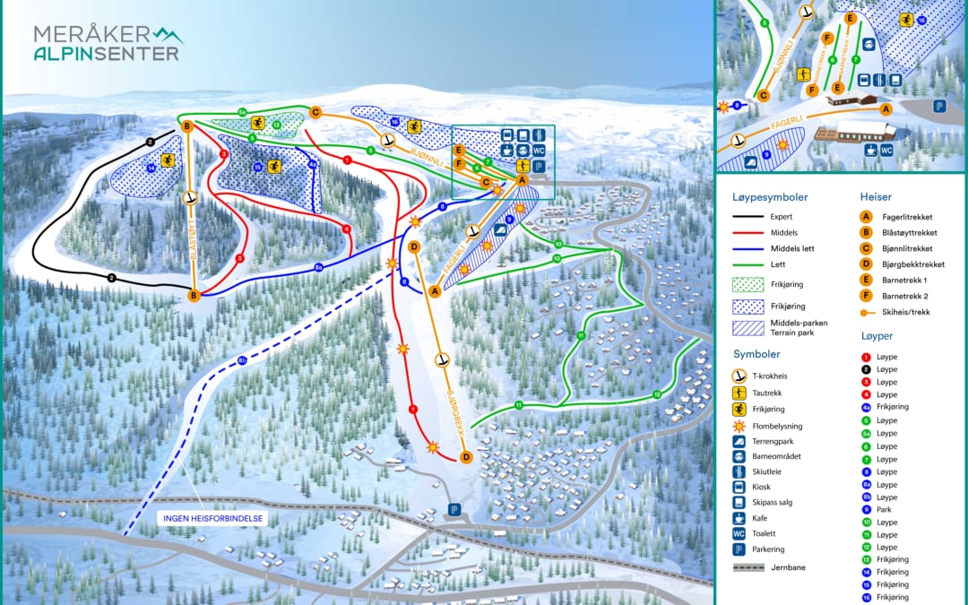 A detailed map of Meråker Alpine Center, depicting ski runs and trails with various color-coded routes. Symbols indicating lifts and other facilities are clearly marked, along with a legend for easy navigation. The surrounding snowy landscape is illustrated with green trees.