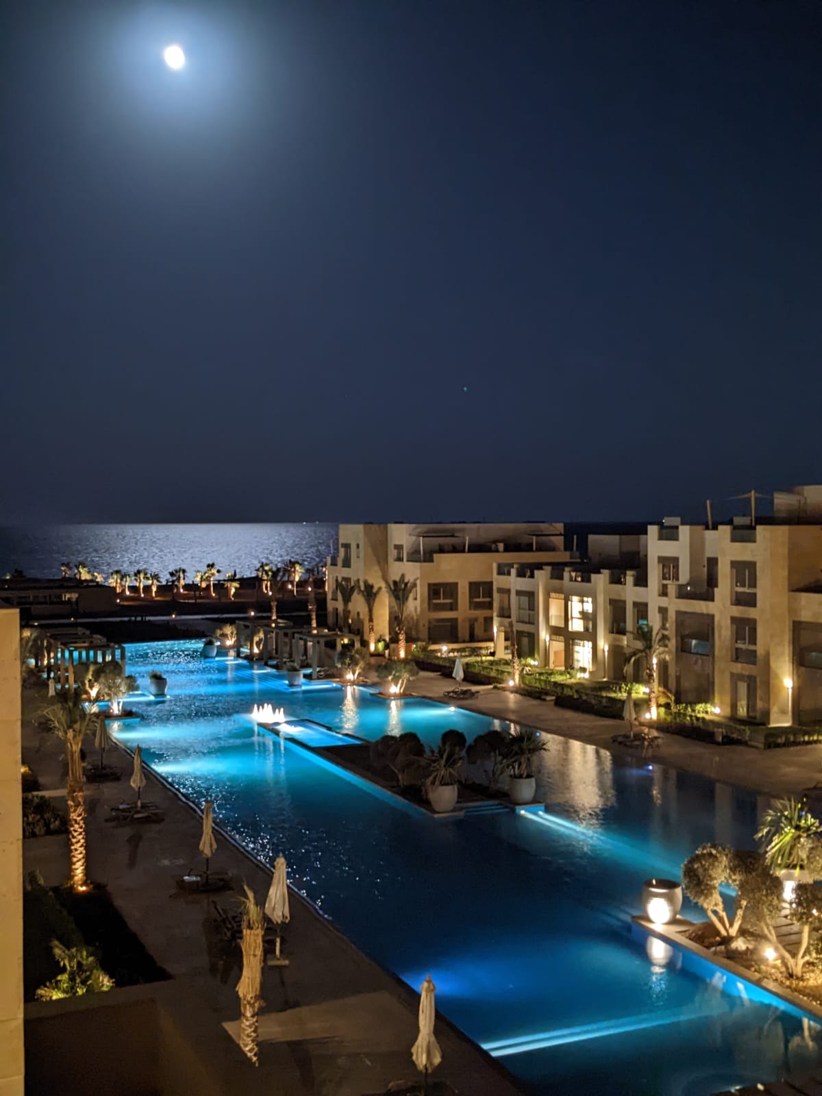 A serene nighttime view over an illuminated pool area, where water reflects soft lighting and the moon above. Palm trees line the poolside, creating a tranquil atmosphere, while the distant coastline glimmers in the background.