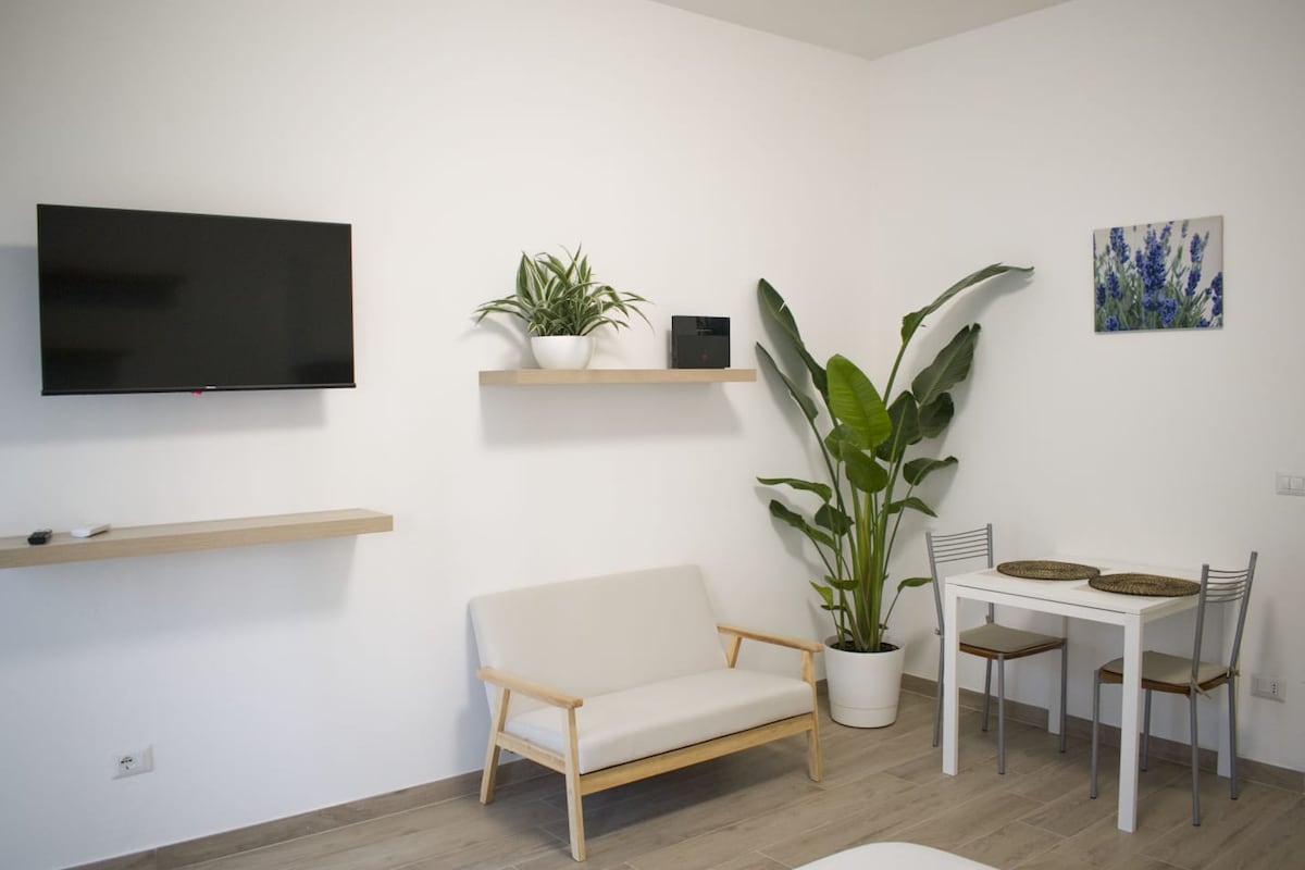 A light and airy living space is furnished with a sleek sofa, a wall-mounted television, and a dining table with two chairs. A large plant adds a touch of greenery, while a colorful piece of wall art complements the minimalist design.