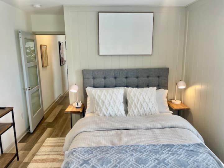 Chumba kikuu cha kulala kilicho na kitanda cha Queen, televisheni mahiri ya inchi 65 ya Roku, kabati kubwa, kioo cha urefu kamili, stendi za usiku zilizo na taa na saa ya king 'ora inayowezeshwa na bluetooth (kwa ajili ya kucheza muziki, kupiga simu na kutumia TAA ya usiku yenye rangi nyingi) 