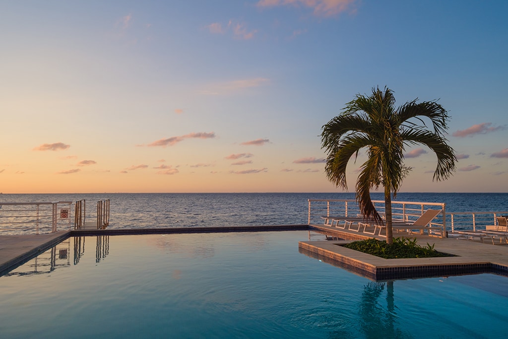 A tranquil view captures a spacious infinity pool merging with the Caribbean ocean at sunset. A palm tree stands beside the pool, and several lounge chairs are positioned along the deck, providing ample space for relaxation.