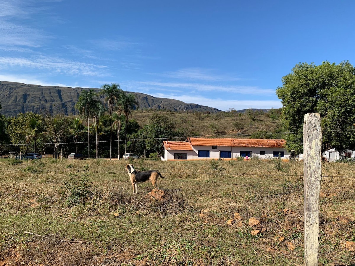 A simple, comfortable house is set against a backdrop of rolling hills and a clear blue sky. The property features green vegetation and a few trees, with a dog standing on the grassy land in the foreground.