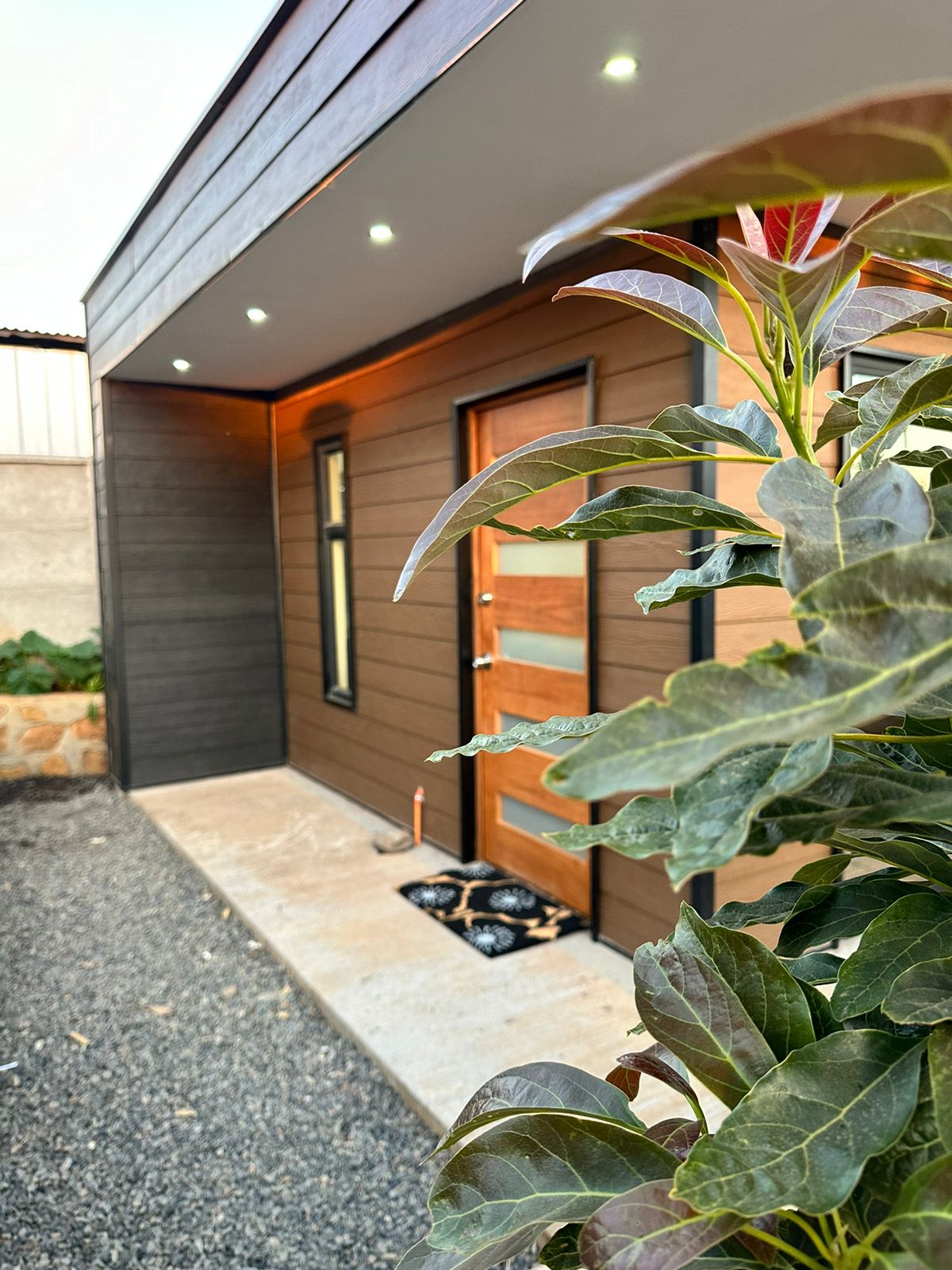 The exterior of the cabin showcases a contemporary design with a warm wooden door framed by large windows. Soft outdoor lighting enhances the entrance, while lush greenery is seen in the foreground, adding a touch of nature to the inviting entrance.